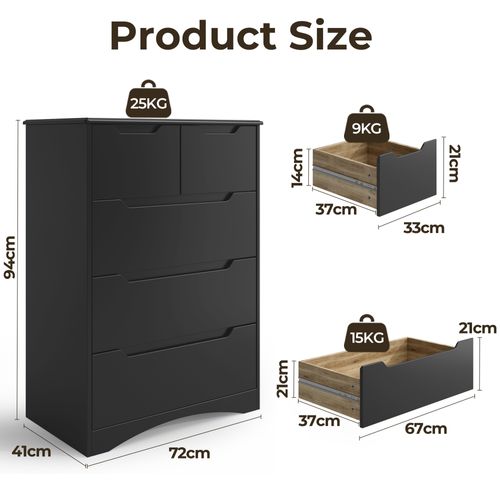 Commode 5 Tiroirs Chiffonnier Noir 72 X 41 X 94 Cm