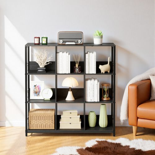 Bibliothèque Séparation 9 Cases Imitation Chêne Et Acier Noir