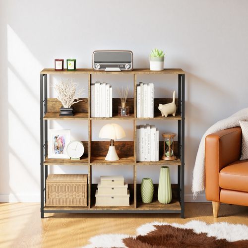 Bibliothèque Séparation 9 Cases Imitation Chêne Et Acier Marron