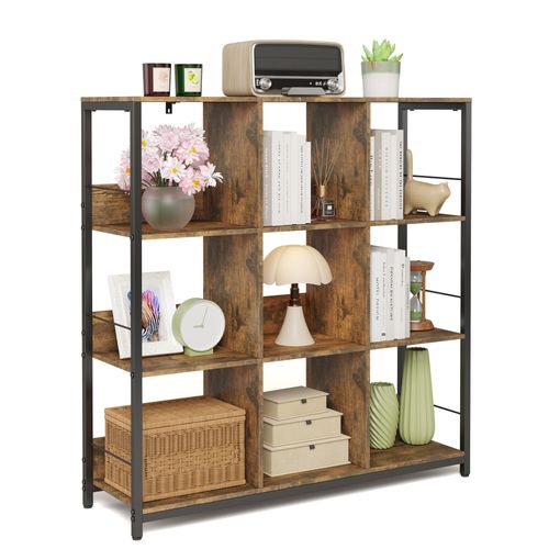 Bibliothèque Séparation 9 Cases Imitation Chêne Et Acier Marron