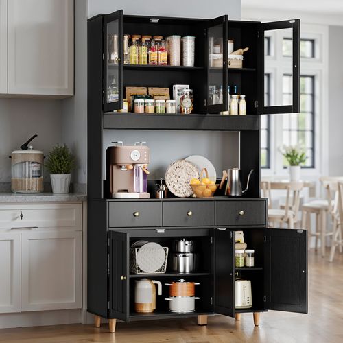 Buffet De Cuisine Noir , Buffet Haut Avec 3 Tiroirs Et 6 Portes