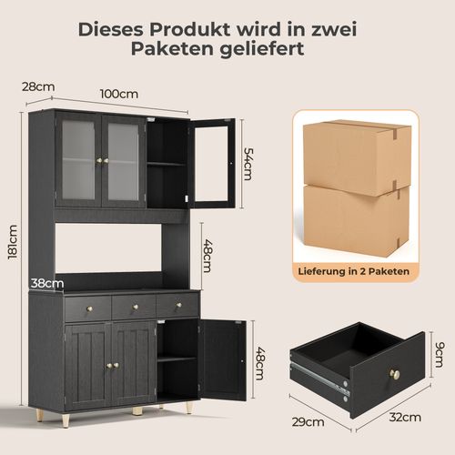 Buffet De Cuisine Noir , Buffet Haut Avec 3 Tiroirs Et 6 Portes