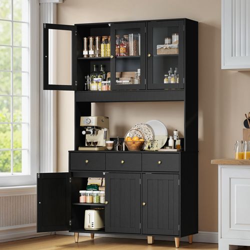 Buffet De Cuisine Noir , Buffet Haut Avec 3 Tiroirs Et 6 Portes