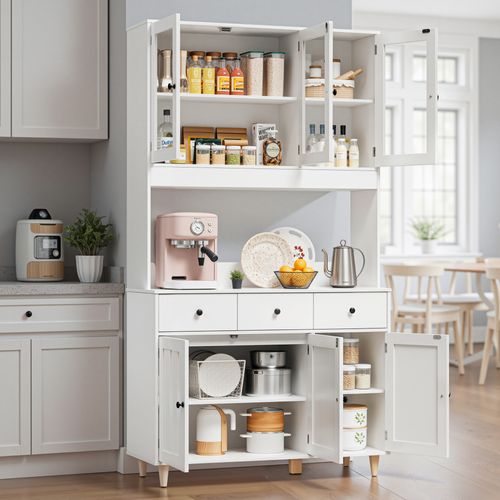 Buffet De Cuisine Blanc, Buffet Haut Avec 3 Tiroirs Et 6 Portes