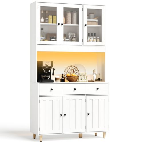 Buffet De Cuisine Blanc, Buffet Haut Avec 3 Tiroirs Et 6 Portes