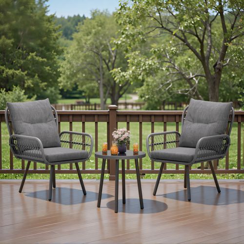 Salon De Jardin 2 Places, Table Verre Trempé，fauteuil En Rotin Pour Deux Personnes,gris Clair