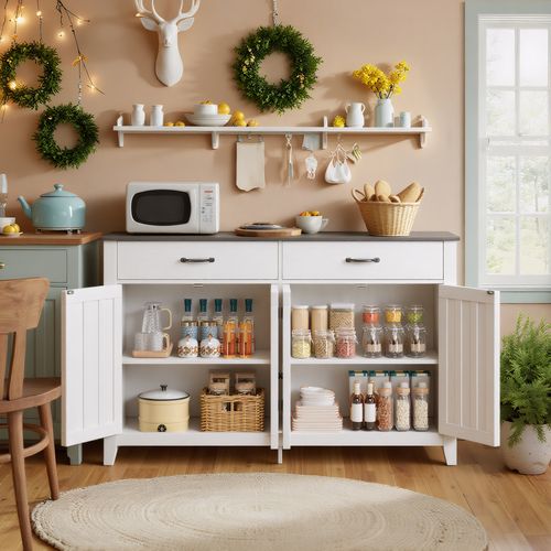 Buffet Cuisine Armoire De Cuisine Avec 4 Portes Et 2 Tiroirs Gris