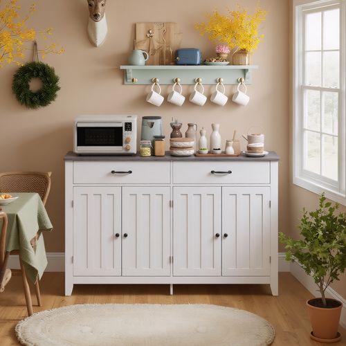 Buffet Cuisine Armoire De Cuisine Avec 4 Portes Et 2 Tiroirs Gris