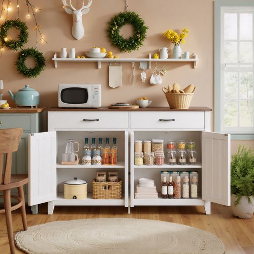 Buffet Cuisine Armoire De Cuisine Avec 4 Portes Et 2 Tiroirs Marron