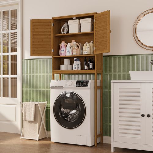 Meuble Machine à Laver Rangement Sur Pied 1 Compartiment Ouvert 2 Portes Aspect Bois