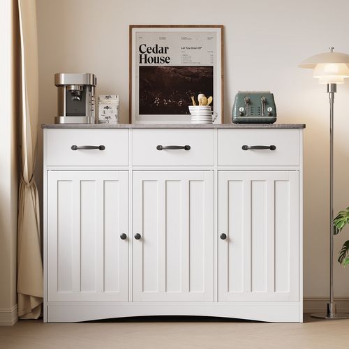 Buffet De Cuisine Meuble Rangement 3 Tiroirs 3 Portes 6 Niveaux Meuble Bas Gris 108x40x80cm