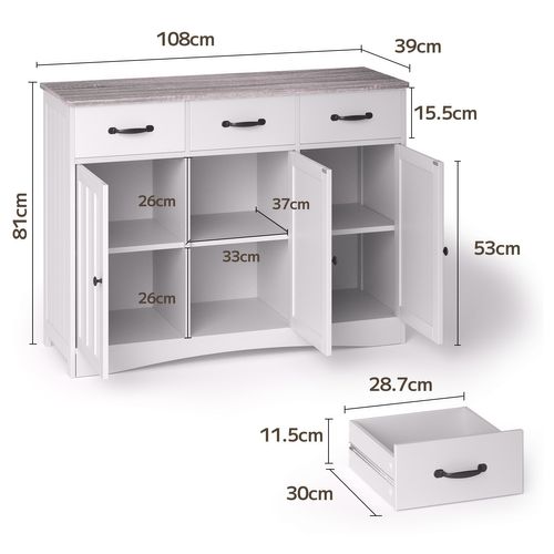 Buffet De Cuisine Meuble Rangement 3 Tiroirs 3 Portes 6 Niveaux Meuble Bas Gris 108x40x80cm
