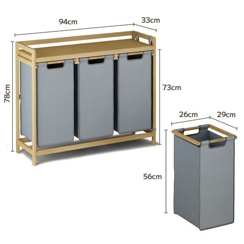 Panier à Linge Sale Bambou Avec 1 Étagère De Rangement 3 Sacs Amovibles En Tissu 94x33x78 Cm