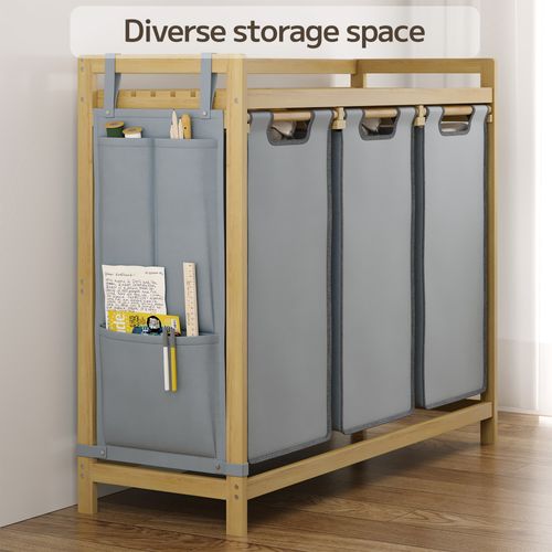 Panier à Linge Sale Bambou Avec 1 Étagère De Rangement 3 Sacs Amovibles En Tissu 94x33x78 Cm
