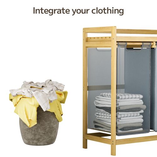 Panier à Linge Sale Bambou Avec 1 Étagère De Rangement 3 Sacs Amovibles En Tissu 94x33x78 Cm