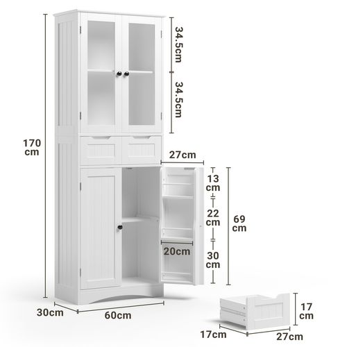 Buffet Haut 4 Portes 2 Tiroirs 60x30x170cm Blanc