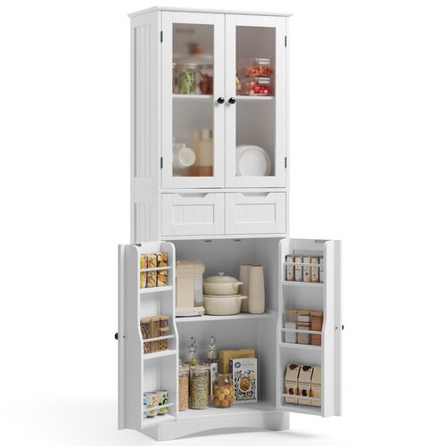Buffet Haut 4 Portes 2 Tiroirs 60x30x170cm Blanc