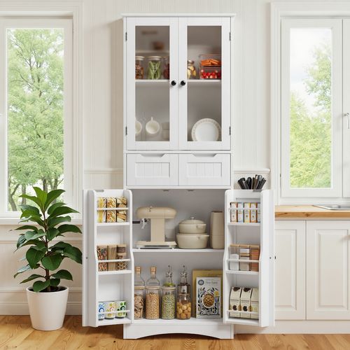 Buffet Haut 4 Portes 2 Tiroirs 60x30x170cm Blanc