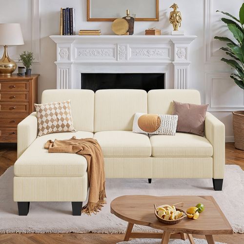 Canapé D’angle 3 Places Canapé Modulable Velours Côtelé Beurre