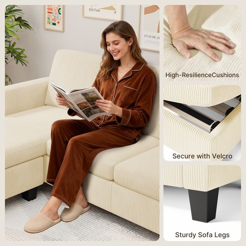 Canapé D’angle 3 Places Canapé Modulable Velours Côtelé Beurre