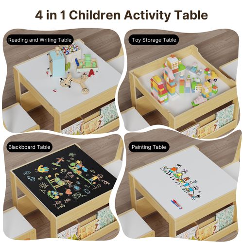4 En 1 Table Enfant Avec 2 Chaises Et Plateau Double Face Et Tableau Noir Table Et Chaises Naturel