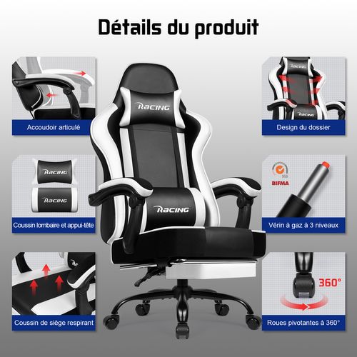 Chaise Gaming en Cuir Blanc, Inclinable 90 à 165°, Supporte Jusqu’à 150 kg, Avec Repose-pieds