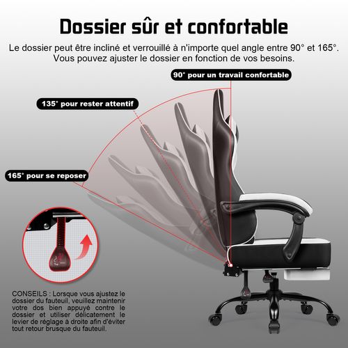 Chaise Gaming en Cuir Blanc, Inclinable 90 à 165°, Supporte Jusqu’à 150 kg, Avec Repose-pieds