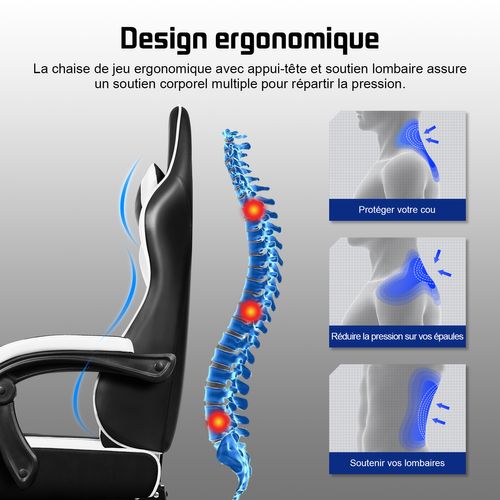Chaise Gaming en Cuir Blanc, Inclinable 90 à 165°, Supporte Jusqu’à 150 kg, Avec Repose-pieds