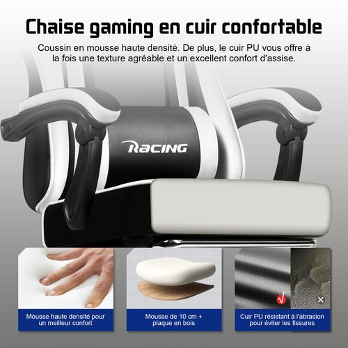Chaise Gaming en Cuir Blanc, Inclinable 90 à 165°, Supporte Jusqu’à 150 kg, Avec Repose-pieds