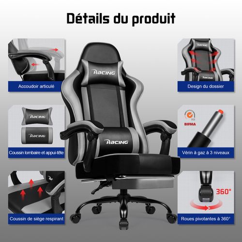 Fauteuil Gamer Ergonomique, 150kg Chaise Gaming Inclinable, Chaise De Bureau Gamer Gris Et Noir