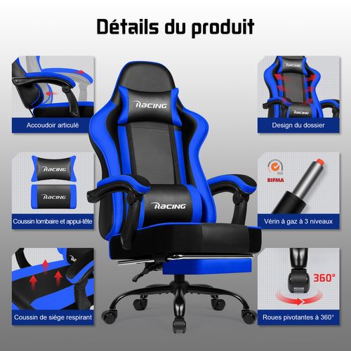 Chaise Gaming Ergonomique Bleu et Noir, Inclinable 90 à 165°, 150 kg Avec Repose-pieds