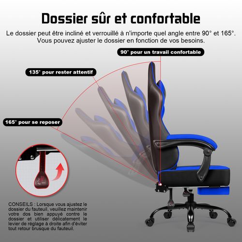 Chaise Gaming Ergonomique Bleu et Noir, Inclinable 90 à 165°, 150 kg Avec Repose-pieds