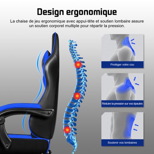 Chaise Gaming Ergonomique Bleu et Noir, Inclinable 90 à 165°, 150 kg Avec Repose-pieds