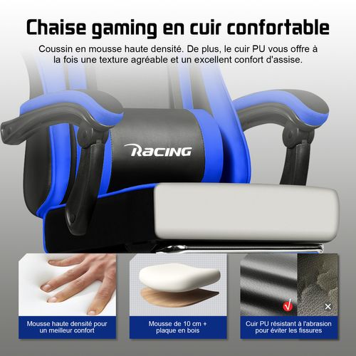 Chaise Gaming Ergonomique Bleu et Noir, Inclinable 90 à 165°, 150 kg Avec Repose-pieds