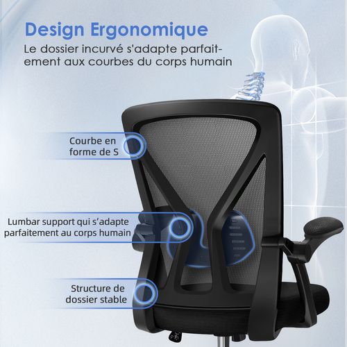 Chaise Bureau avec Coussin Lombaire, Accoudoir Pliable, Dossier Inclinable, Hauteur Réglable, 150 kg