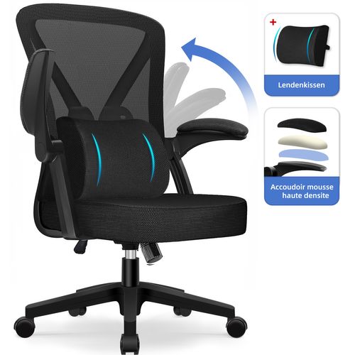 Chaise Bureau avec Coussin Lombaire, Accoudoir Pliable, Dossier Inclinable, Hauteur Réglable, 150 kg