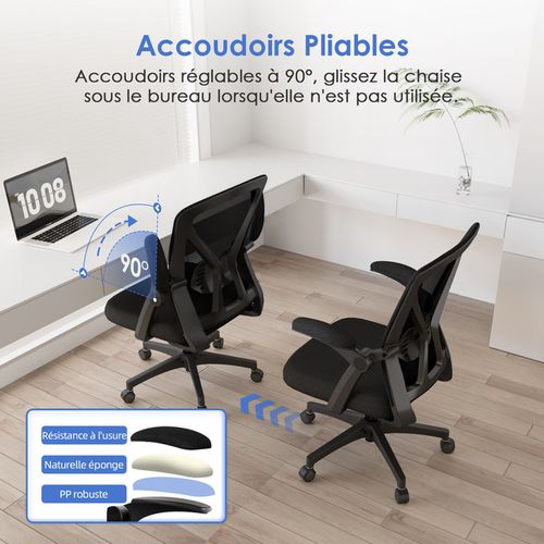 Chaise Bureau avec Coussin Lombaire, Accoudoir Pliable, Dossier Inclinable, Hauteur Réglable, 150 kg