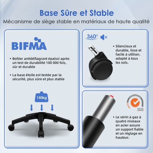 Chaise Bureau avec Coussin Lombaire, Accoudoir Pliable, Dossier Inclinable, Hauteur Réglable, 150 kg