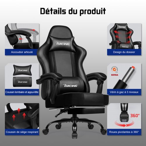 Chaise Gaming Ergonomique Noire, Inclinable 90 à 165°, Supporte Jusqu'à 150 kg, Avec Repose-pieds