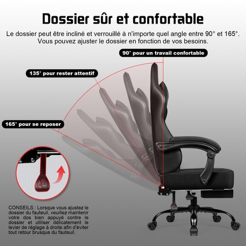 Chaise Gaming Ergonomique Noire, Inclinable 90 à 165°, Supporte Jusqu'à 150 kg, Avec Repose-pieds