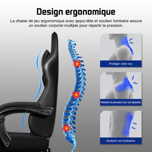 Chaise Gaming Ergonomique Noire, Inclinable 90 à 165°, Supporte Jusqu'à 150 kg, Avec Repose-pieds