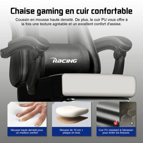 Chaise Gaming Ergonomique Noire, Inclinable 90 à 165°, Supporte Jusqu'à 150 kg, Avec Repose-pieds