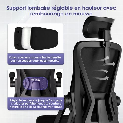 Chaise Bureau Accoudoirs Rabattables Support Lombaire En Mousse Hauteur Réglable Charge 150kg