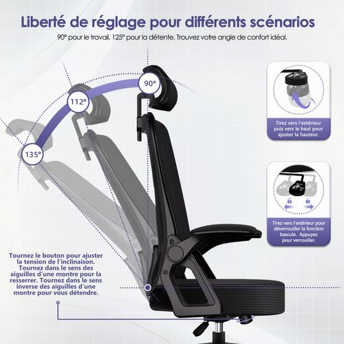 Chaise Bureau Accoudoirs Rabattables Support Lombaire En Mousse Hauteur Réglable Charge 150kg