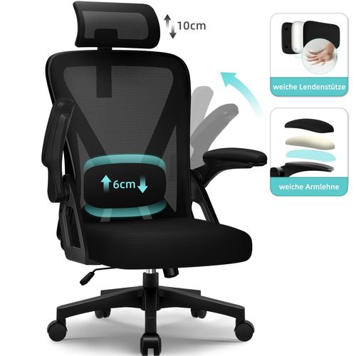 Chaise Bureau Accoudoirs Rabattables Support Lombaire En Mousse Hauteur Réglable Charge 150kg