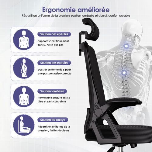 Chaise Bureau Accoudoirs Rabattables Support Lombaire En Mousse Hauteur Réglable Charge 150kg