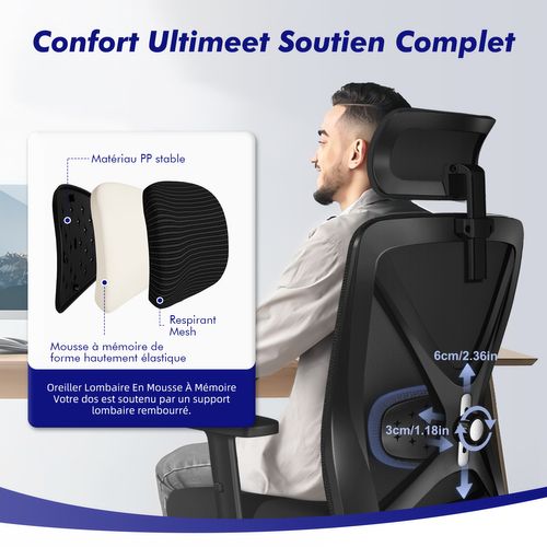 Fauteuil De Bureau Inclinable Multi-réglables Charge 150kg Soutien Lombaire, Accoudoirs, Appui-tête