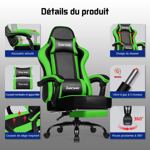 Chaise Gaming Ergonomique Vert et Noir, Inclinable 90 à 165°, Avec Repose-pieds，150KG