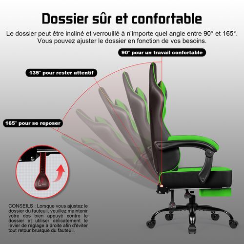 Chaise Gaming Ergonomique Vert et Noir, Inclinable 90 à 165°, Avec Repose-pieds，150KG