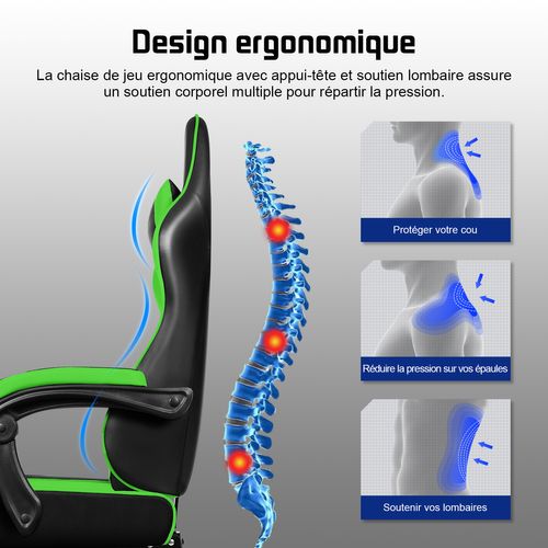 Chaise Gaming Ergonomique Vert et Noir, Inclinable 90 à 165°, Avec Repose-pieds，150KG